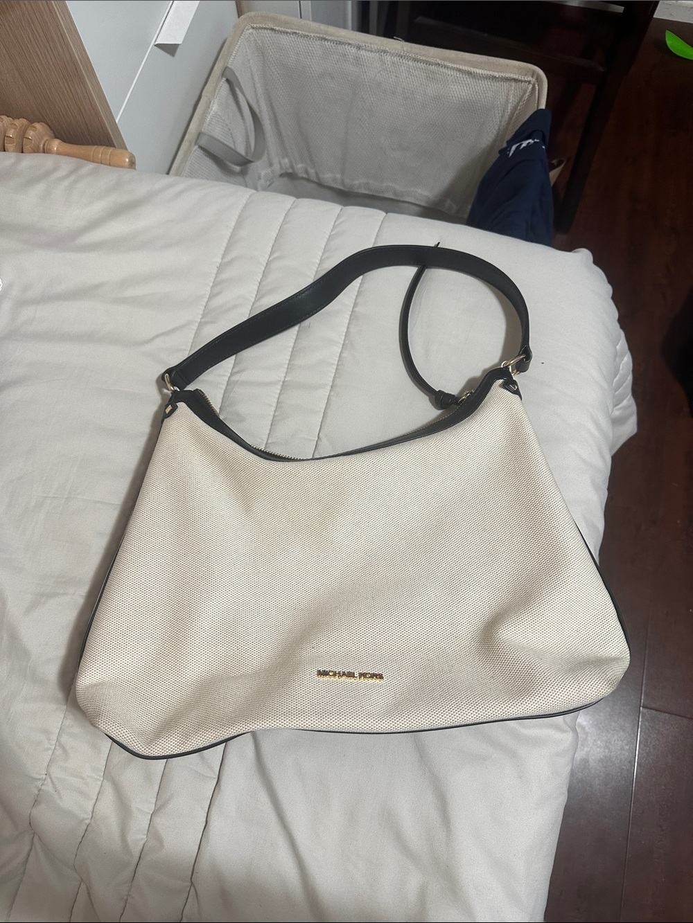 Michael Kors Cream Shoulder Bag with Black Trim and Gold Logo